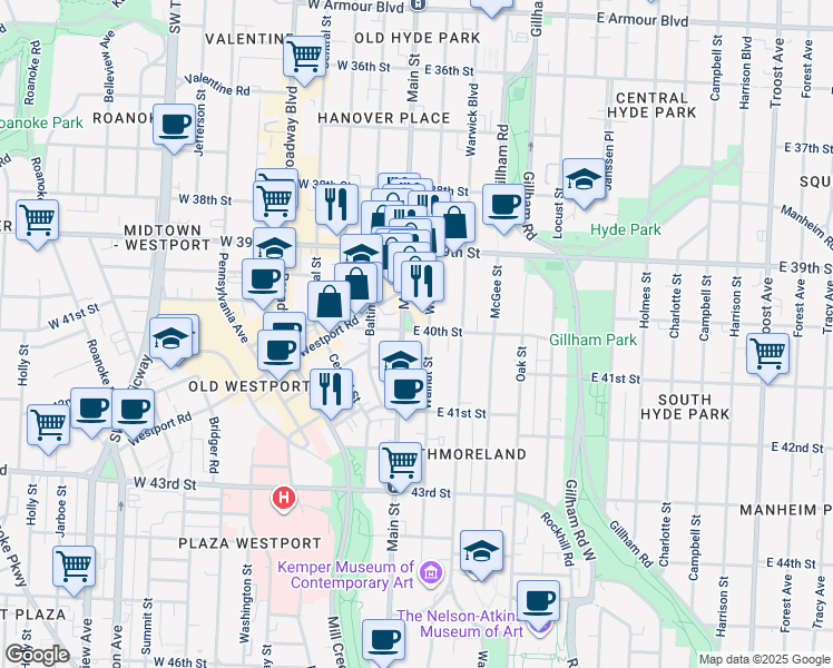 map of restaurants, bars, coffee shops, grocery stores, and more near 11 East 40th Street in Kansas City