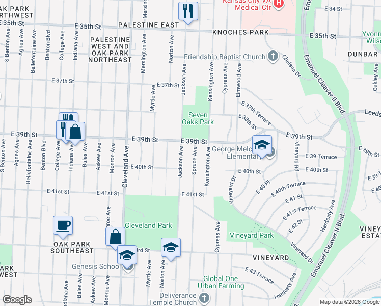 map of restaurants, bars, coffee shops, grocery stores, and more near 3916 Spruce Avenue in Kansas City