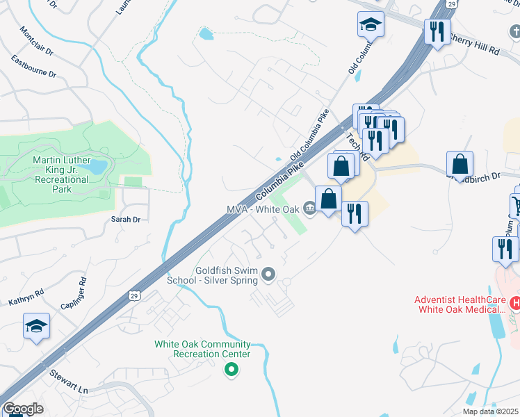 map of restaurants, bars, coffee shops, grocery stores, and more near 1905 Amberstone Court in Colesville