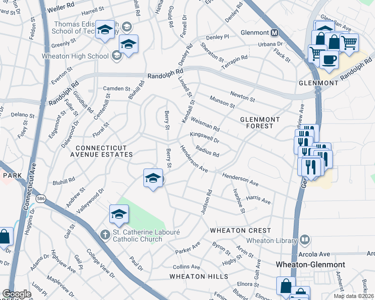 map of restaurants, bars, coffee shops, grocery stores, and more near 3005 Henderson Avenue in Silver Spring