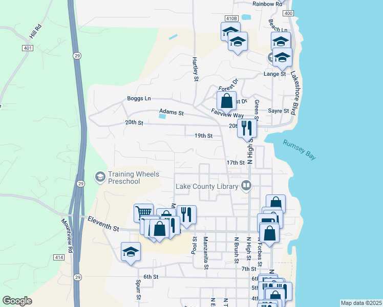 map of restaurants, bars, coffee shops, grocery stores, and more near 1766 Mellor Drive in Lakeport