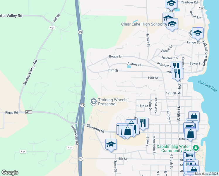 map of restaurants, bars, coffee shops, grocery stores, and more near 1050 Page Drive in Lakeport