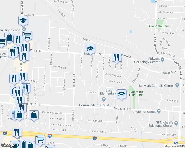 map of restaurants, bars, coffee shops, grocery stores, and more near 3609 Drumm Road in Independence