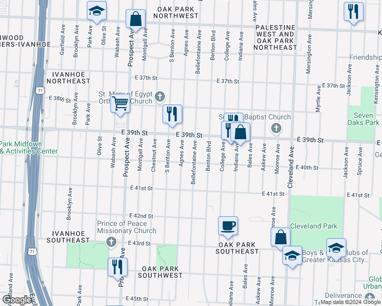 map of restaurants, bars, coffee shops, grocery stores, and more near 3932 Bellefontaine Avenue in Kansas City