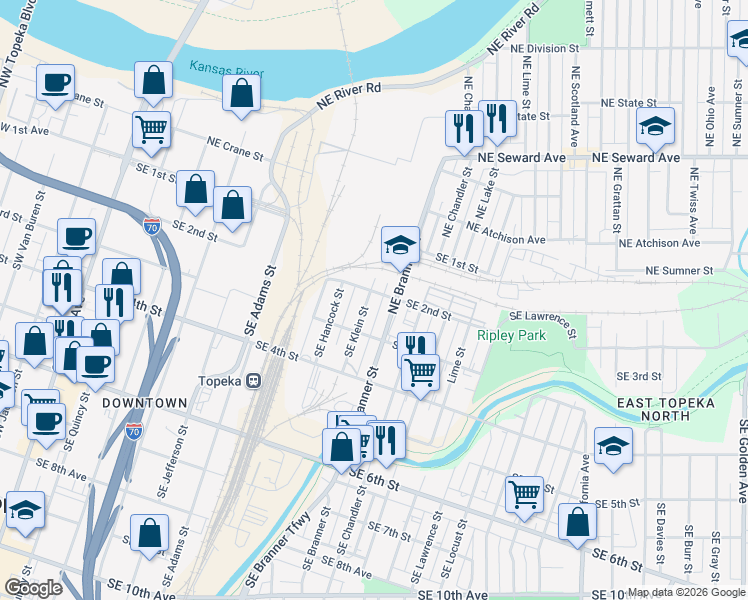 map of restaurants, bars, coffee shops, grocery stores, and more near 204 Southeast Klein Street in Topeka