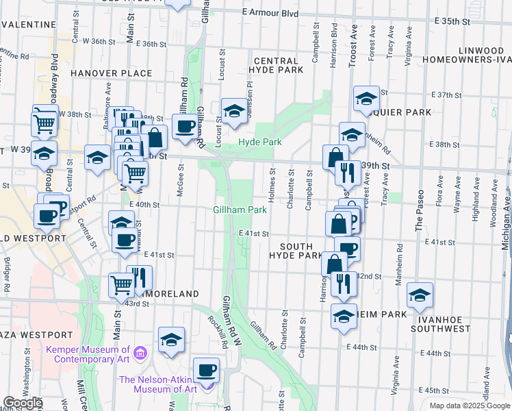 map of restaurants, bars, coffee shops, grocery stores, and more near 4007 Kenwood Avenue in Kansas City
