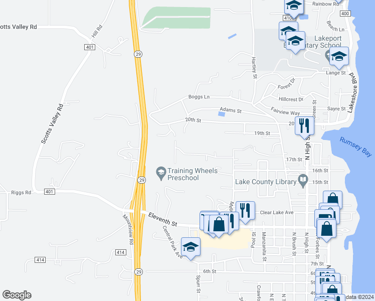 map of restaurants, bars, coffee shops, grocery stores, and more near 1050 Page Drive in Lakeport