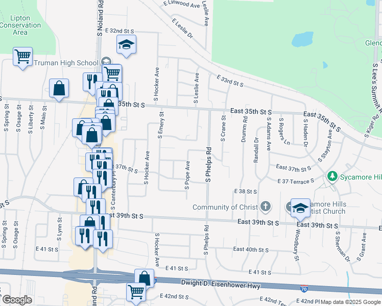 map of restaurants, bars, coffee shops, grocery stores, and more near 14601 East 36th Terrace South in Independence