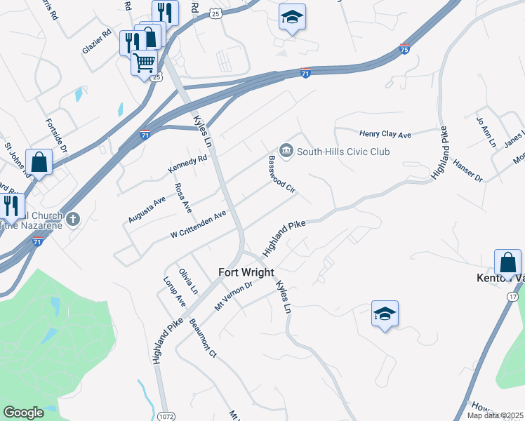map of restaurants, bars, coffee shops, grocery stores, and more near 1624 Cumberland Avenue in Fort Wright