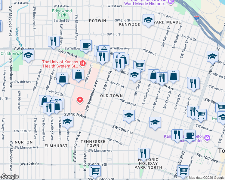 map of restaurants, bars, coffee shops, grocery stores, and more near 719 Southwest Lincoln Street in Topeka