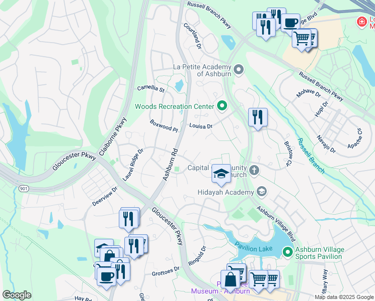 map of restaurants, bars, coffee shops, grocery stores, and more near 20300 French Open Court in Ashburn