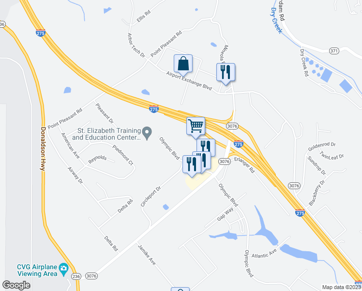 map of restaurants, bars, coffee shops, grocery stores, and more near 3900 Olympic Boulevard in Erlanger