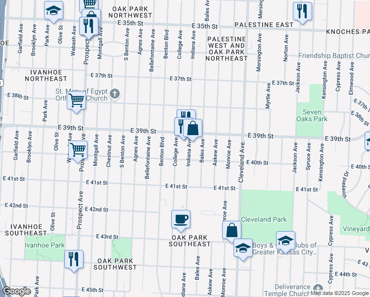 map of restaurants, bars, coffee shops, grocery stores, and more near 3932 Indiana Avenue in Kansas City