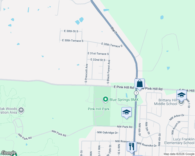 map of restaurants, bars, coffee shops, grocery stores, and more near 3309 Argonne Avenue in Blue Springs