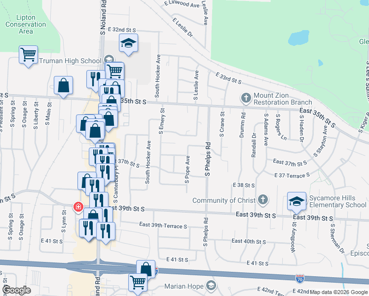 map of restaurants, bars, coffee shops, grocery stores, and more near 14601 East 36th Terrace South in Independence