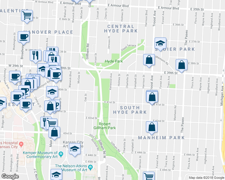 map of restaurants, bars, coffee shops, grocery stores, and more near 4007 Kenwood Avenue in Kansas City