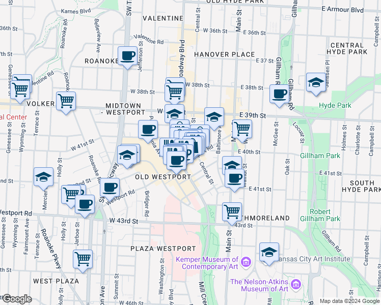 map of restaurants, bars, coffee shops, grocery stores, and more near 306 Westport Road in Kansas City