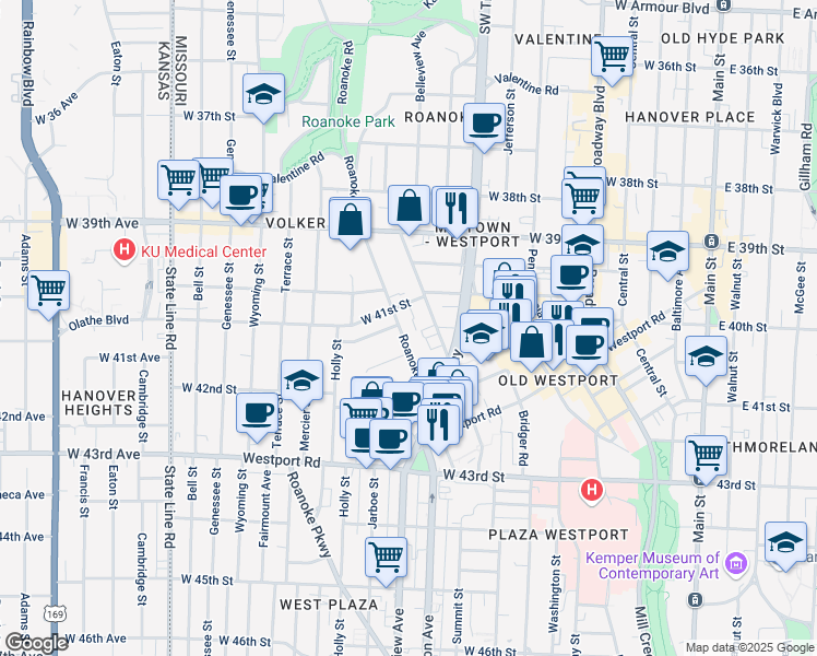 map of restaurants, bars, coffee shops, grocery stores, and more near 4038 Clark Avenue in Kansas City
