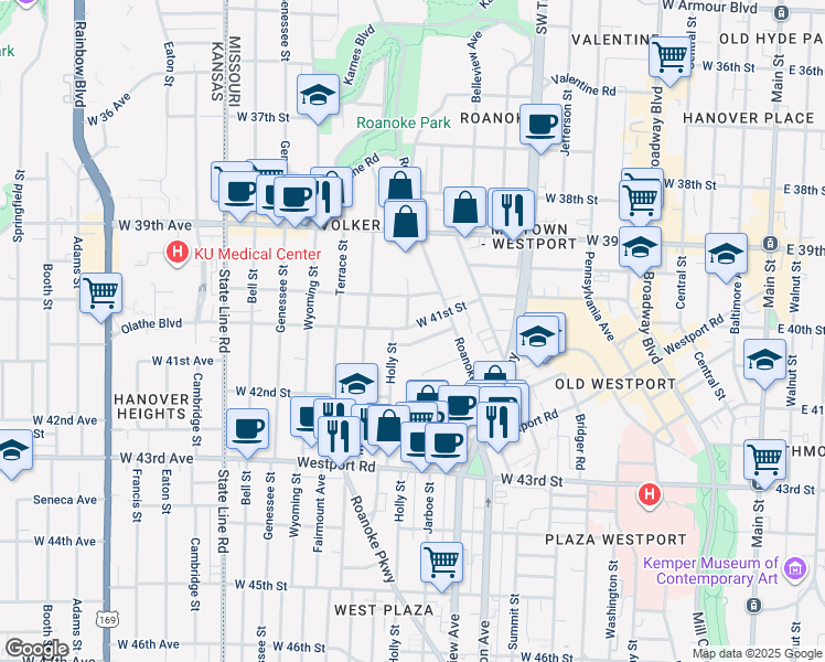 map of restaurants, bars, coffee shops, grocery stores, and more near 4101 Holly Street in Kansas City