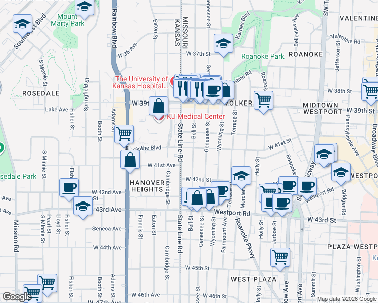 map of restaurants, bars, coffee shops, grocery stores, and more near 4106 Bell Street in Kansas City