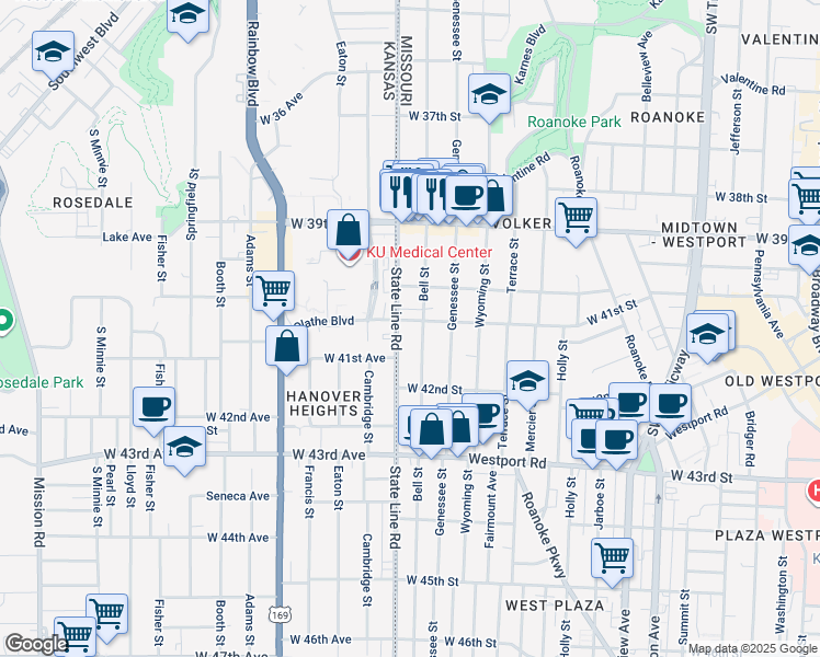 map of restaurants, bars, coffee shops, grocery stores, and more near 4106 Bell Street in Kansas City