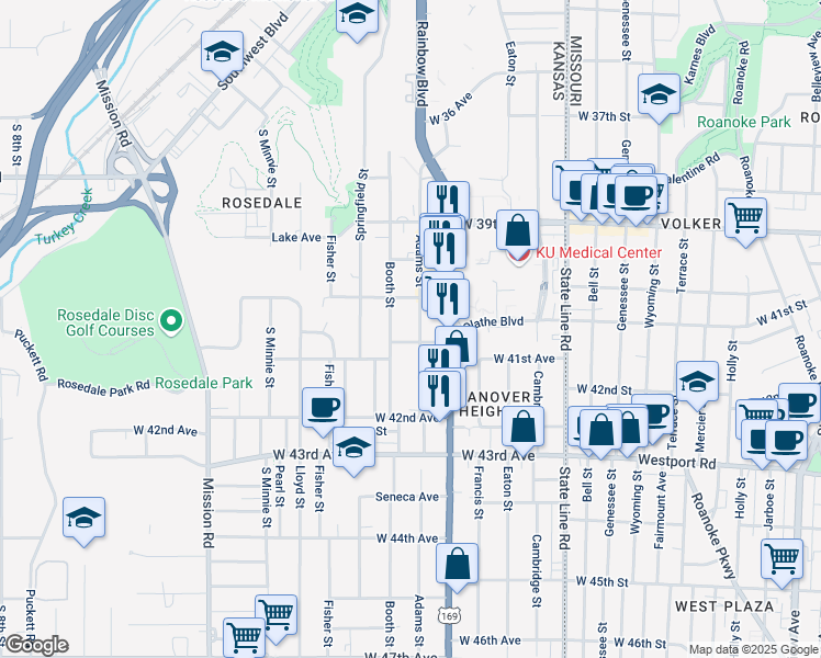 map of restaurants, bars, coffee shops, grocery stores, and more near 4017 Booth Street in Kansas City