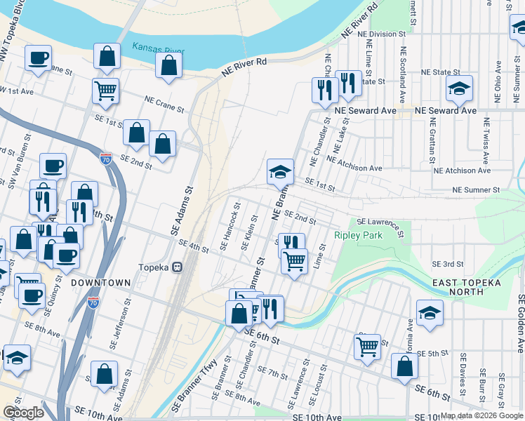 map of restaurants, bars, coffee shops, grocery stores, and more near 204 SE Klein St in Topeka