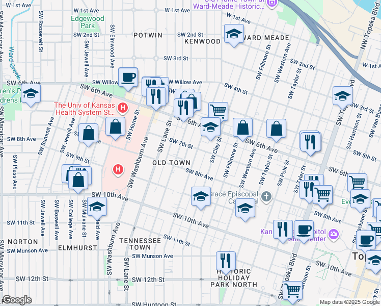 map of restaurants, bars, coffee shops, grocery stores, and more near 706 Southwest Buchanan Street in Topeka