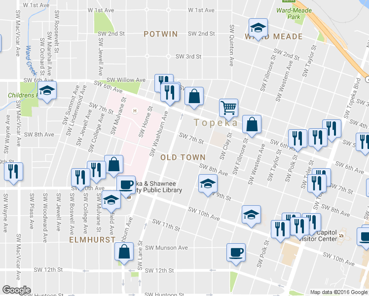 map of restaurants, bars, coffee shops, grocery stores, and more near in Topeka