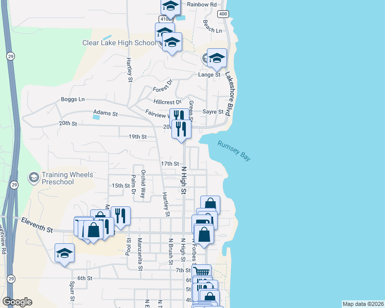 map of restaurants, bars, coffee shops, grocery stores, and more near 1830 Montana Vista Street in Lakeport
