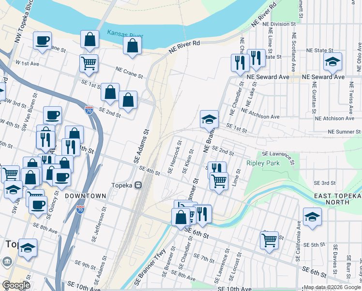 map of restaurants, bars, coffee shops, grocery stores, and more near 212 Southeast Hancock Street in Topeka
