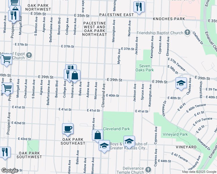 map of restaurants, bars, coffee shops, grocery stores, and more near 3919 Cleveland Avenue in Kansas City