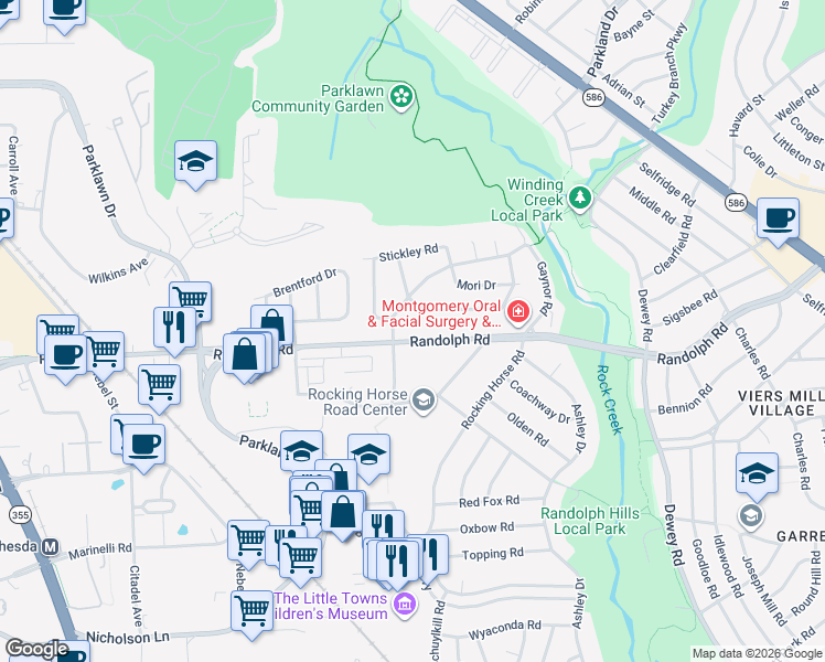 map of restaurants, bars, coffee shops, grocery stores, and more near 4907 Randolph Road in Rockville