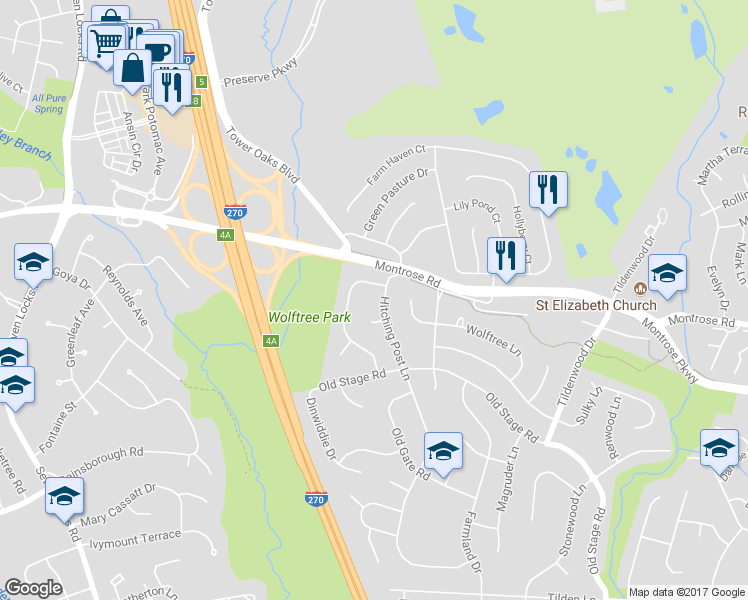 map of restaurants, bars, coffee shops, grocery stores, and more near 12104 Hitching Post Lane in Rockville