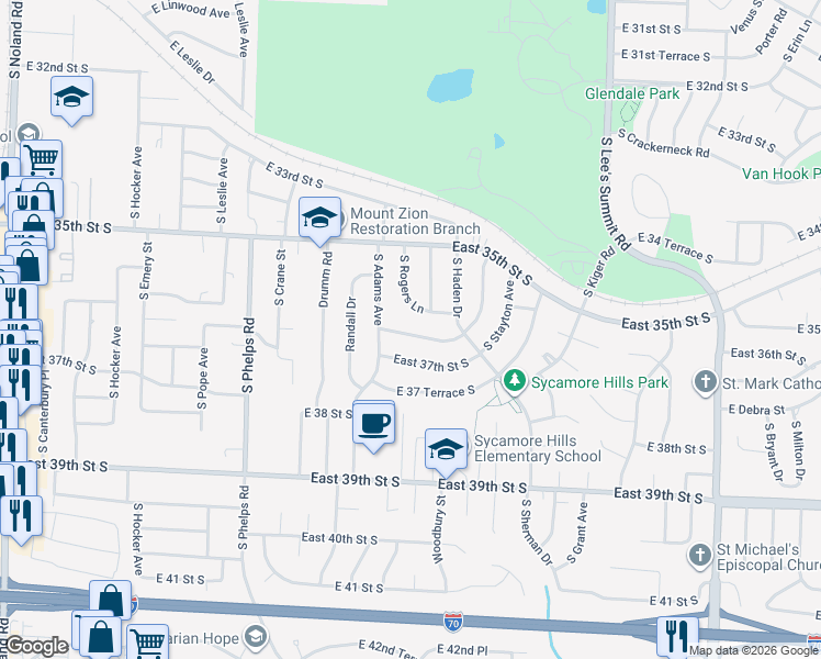 map of restaurants, bars, coffee shops, grocery stores, and more near 15210 East 36 Terrace South in Independence