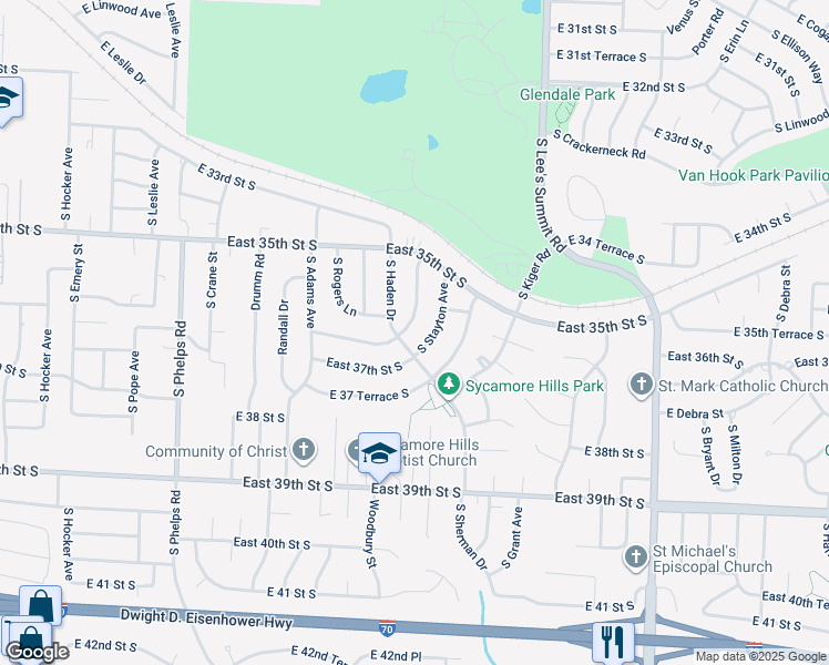 map of restaurants, bars, coffee shops, grocery stores, and more near 3609 Woodbury Street in Independence
