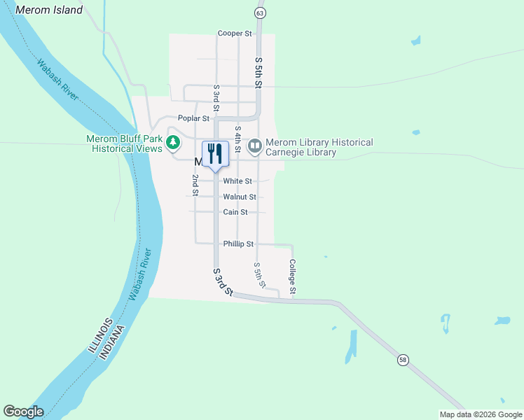 map of restaurants, bars, coffee shops, grocery stores, and more near 2201 Cain Street in Merom