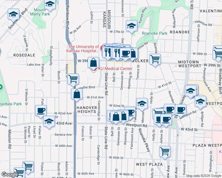 map of restaurants, bars, coffee shops, grocery stores, and more near 4106 Bell Street in Kansas City
