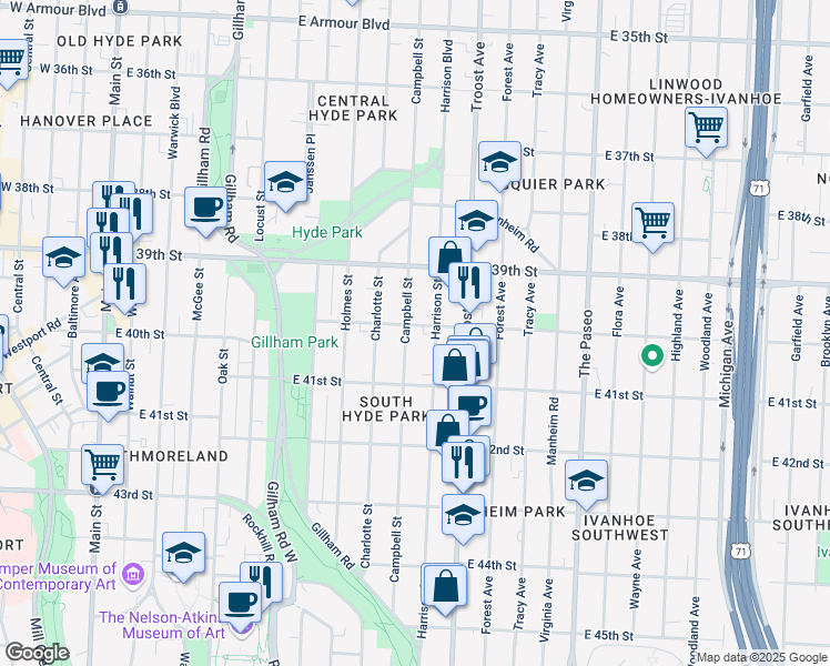 map of restaurants, bars, coffee shops, grocery stores, and more near 4010 Harrison Street in Kansas City