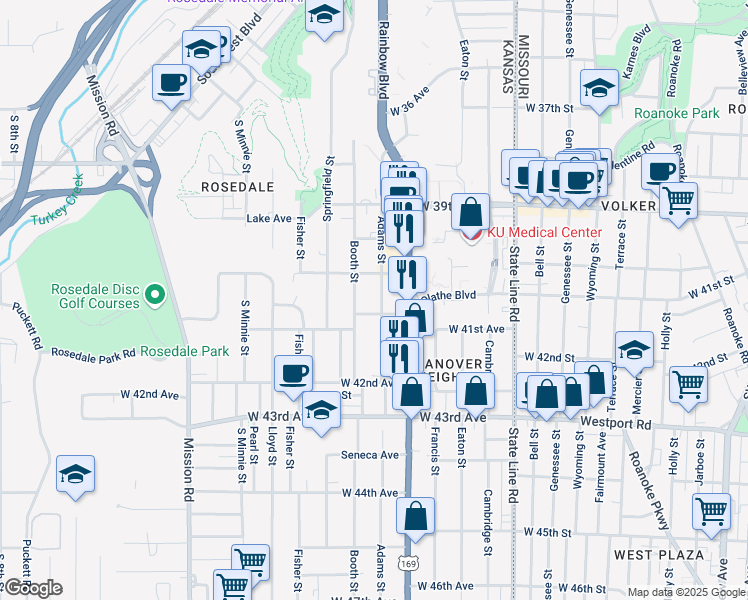 map of restaurants, bars, coffee shops, grocery stores, and more near 4017 Booth Street in Kansas City
