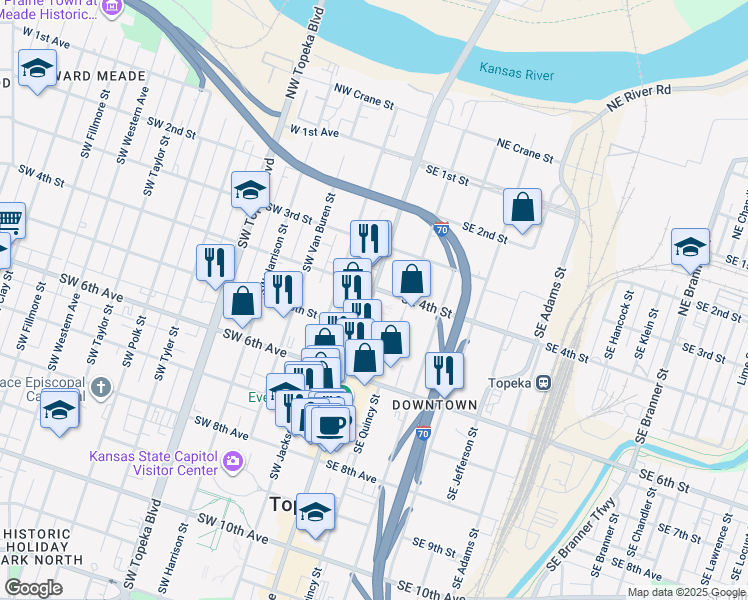 map of restaurants, bars, coffee shops, grocery stores, and more near in Topeka