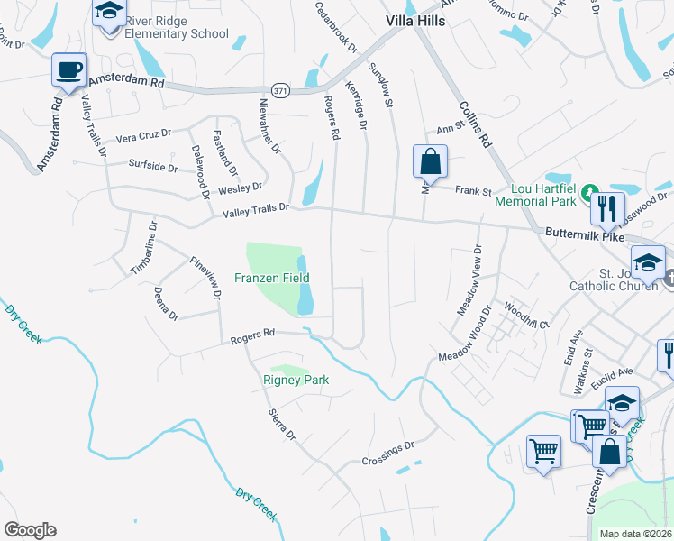 map of restaurants, bars, coffee shops, grocery stores, and more near 738 Rogers Road in Villa Hills