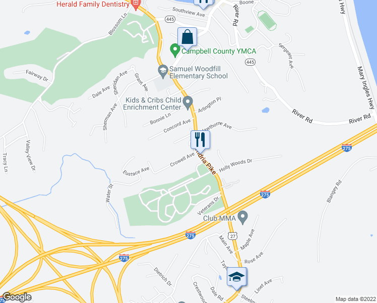 map of restaurants, bars, coffee shops, grocery stores, and more near 13 Crowell Ave in Fort Thomas