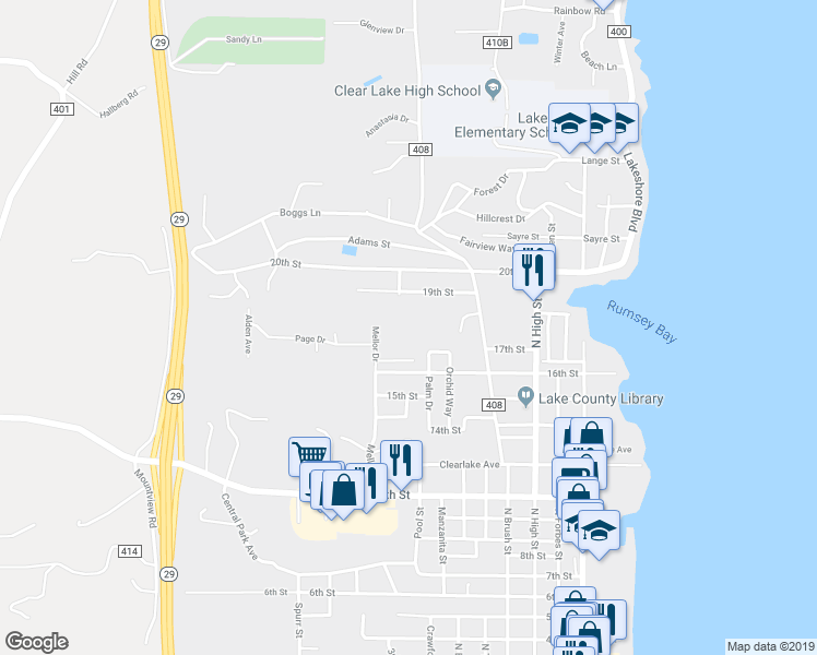 map of restaurants, bars, coffee shops, grocery stores, and more near 1766 Mellor Drive in Lakeport