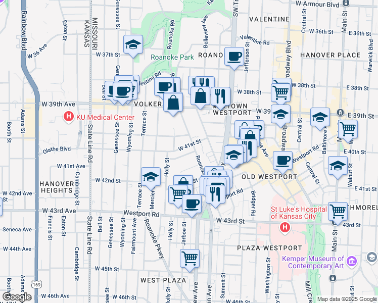 map of restaurants, bars, coffee shops, grocery stores, and more near 1110 West 41st Terrace in Kansas City