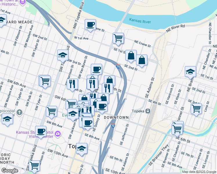 map of restaurants, bars, coffee shops, grocery stores, and more near 200 Southeast 4th Street in Topeka