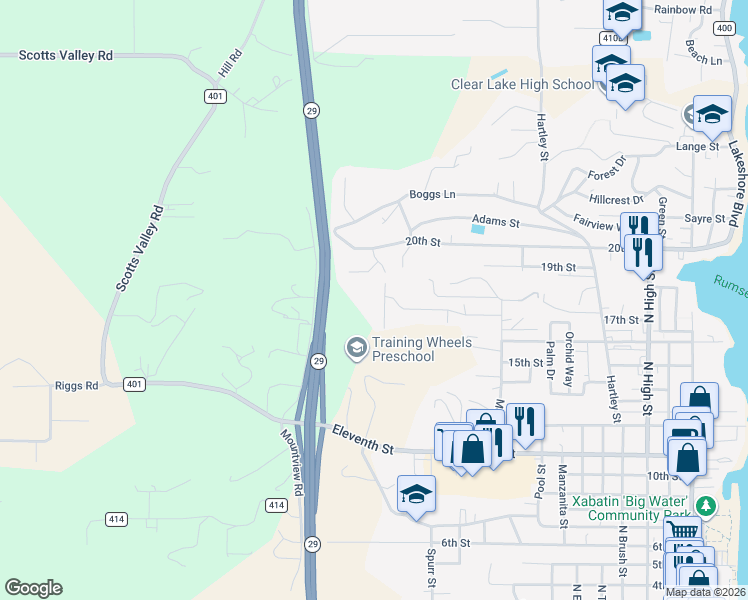 map of restaurants, bars, coffee shops, grocery stores, and more near 1673 Alden Avenue in Lakeport