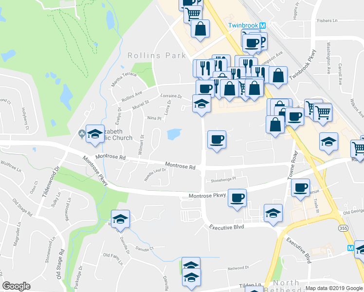 map of restaurants, bars, coffee shops, grocery stores, and more near 6301 Montrose Road in Rockville