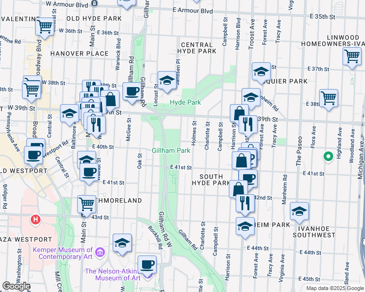 map of restaurants, bars, coffee shops, grocery stores, and more near 4005 Kenwood Avenue in Kansas City