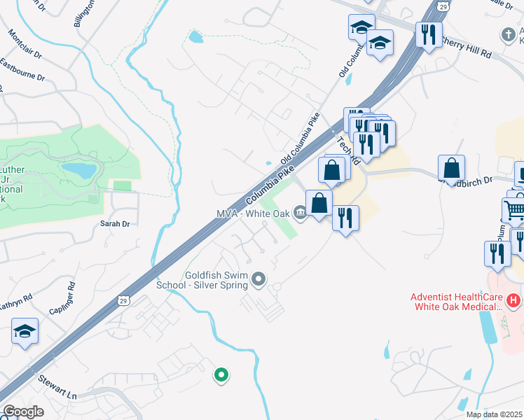 map of restaurants, bars, coffee shops, grocery stores, and more near 1927 Amberstone Court in Silver Spring